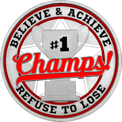 Red "Champs!" with Maroon Outer Circular Borders
